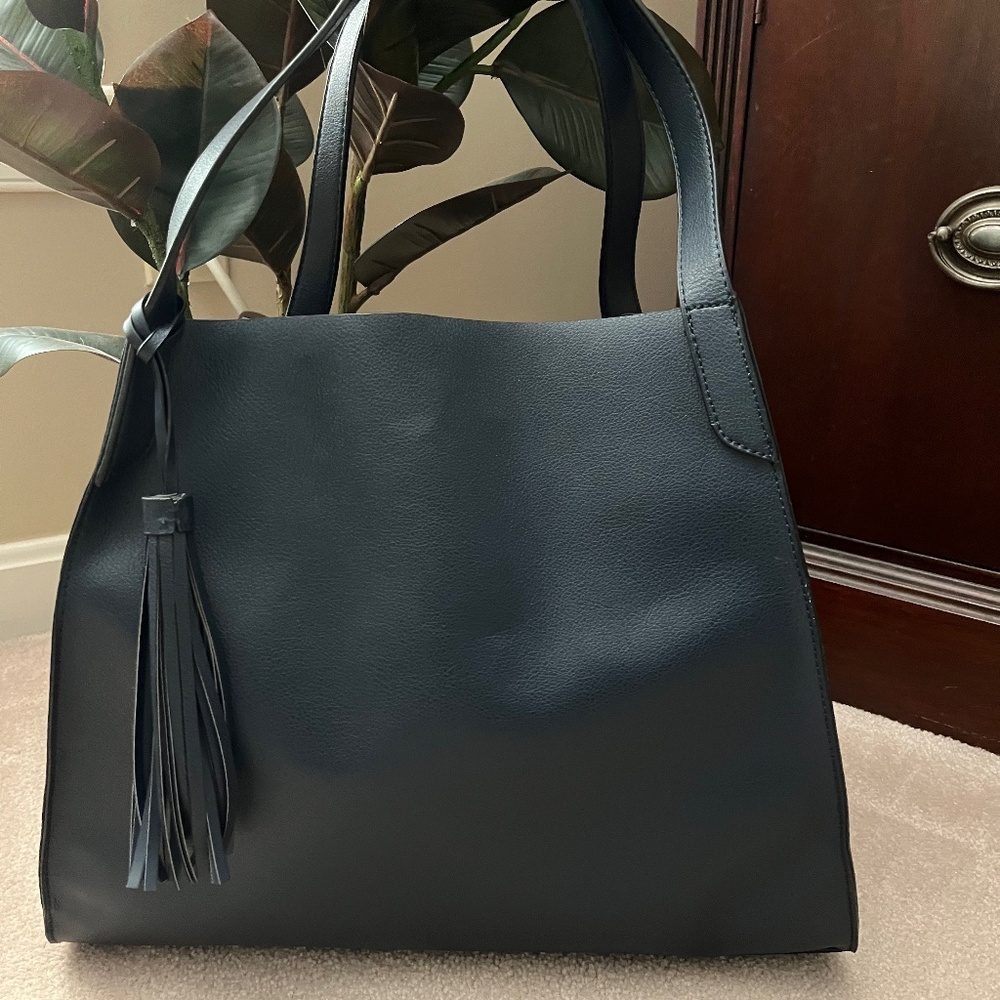 Leith Trapezoid Faux Leather Tote in Blue